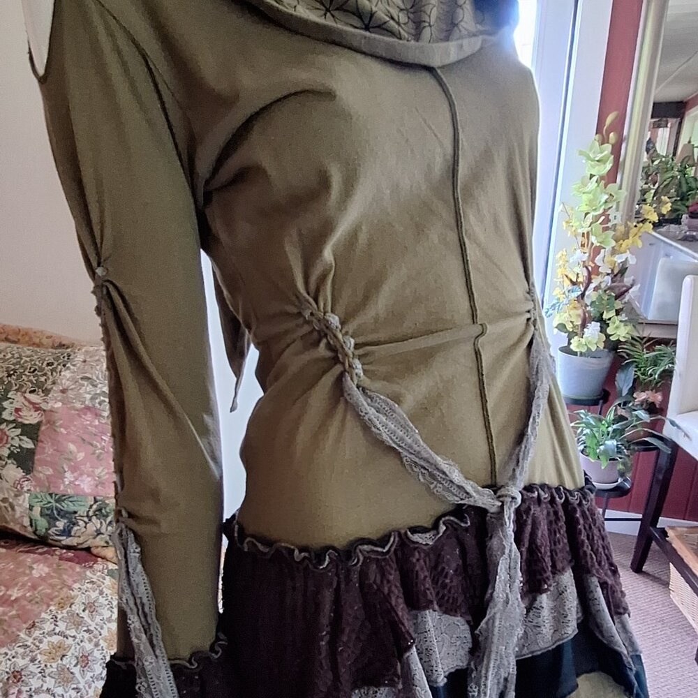 Green, brown, black & grey short/mini dress. Festivals, holidays, goth, boho!